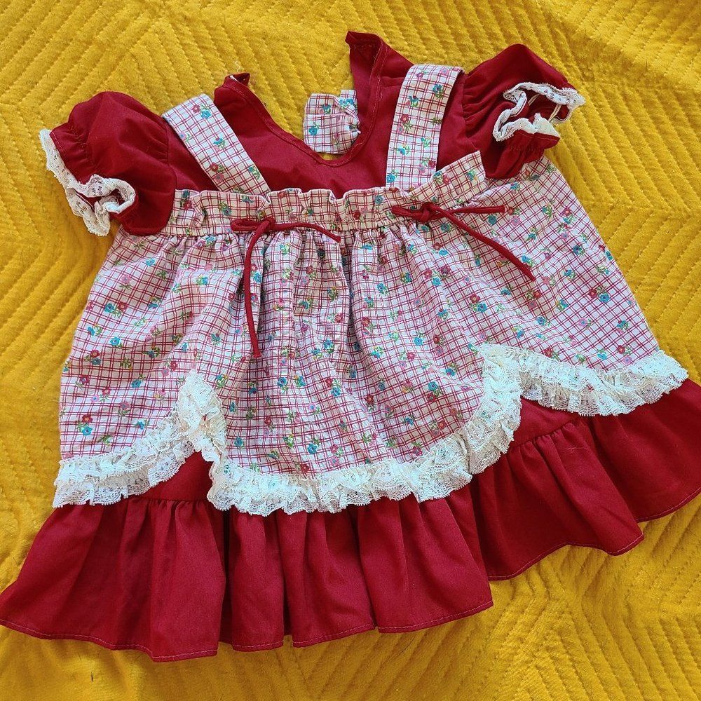 Vintage Baby Girls Red Dress Floral Ruffles 6-9 Months